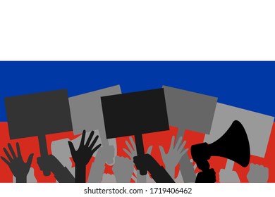 Russia flag with people silhouettes and protest , vector