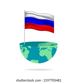 Russia flag pole on globe. Flag waving around the world. Easy editing and vector in groups. National flag vector illustration on white background.