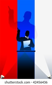 Russia flag with political speaker behind a podium  Original vector illustration. Ideal for national pride concepts.