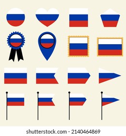Russia flag set in 16 shape versions. Collection of Russia flag icons with square, circle, heart, triangle, medal, stamp and location shapes.