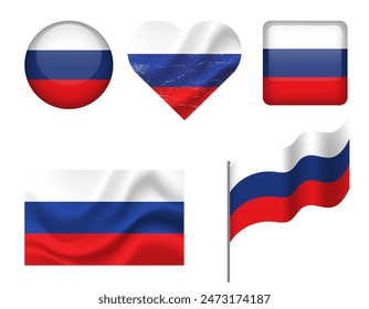 Russia flag set of icons. Vector flag of Russia, symbol. Set of Russian flags button, waved, heart.