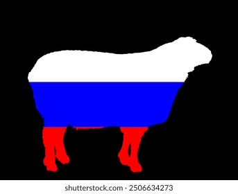 Russia flag sheep vector silhouette illustration isolated. Lamb meat butcher shop emblem. Craft food restaurant packaging. Domestic farm animal symbol. Organic food producer national industry export.