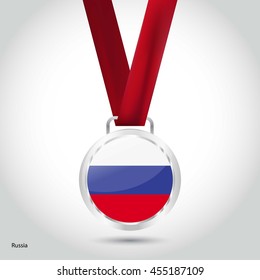 Russia Flag in Silver Medal. Vector Illustration. RIO Olympic Game silver Medal. Vector Illustration