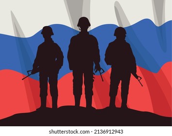 Russia flag and soldiers silhouettes