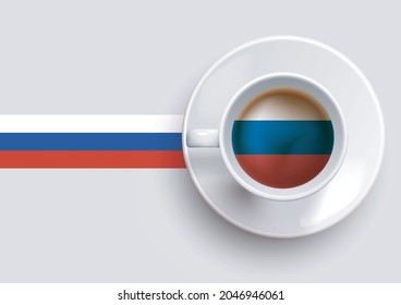 Russia flag with a tasty coffee cup on top view and a gradient background. Hot beverage with Russia flag, vector illustration.