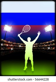 Russia Flag and Tennis Player on Stadium Background Original Illustration