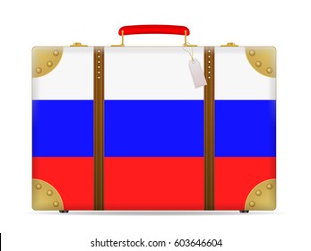 Russia flag travel suitcase on a white background.