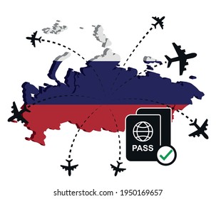 russia flag vector, airplane travel concept. The plane, flight path and route. on a white background.
