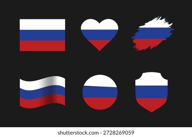 Conjunto de iconos planos de Vector de bandera de Rusia. Bandera nacional de Rusia ondulada, escudo, redondo, pincel, colección del icono del corazón