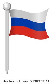 Russia flag vector illustration wavy Russian national tricolor on silver flagpole pin icon isolated on white background for travel news politics international relations identity design.