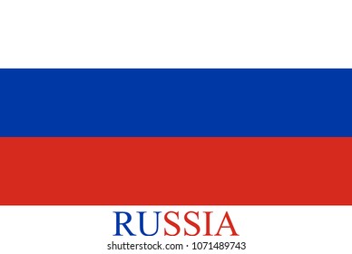 Russia flag vector outline illustration in a creative abstract background. The name of country is colored with the flag colors, blue and red.