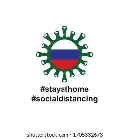 Bandera de Rusia en las células de virus. Ilustración vectorial del virus, bacterias, hongos e infecciones aislados en fondo blanco. con la residencia en casa y el distanciamiento social