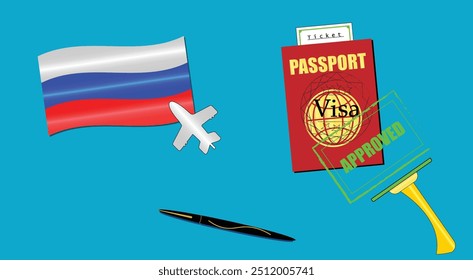 Russia flag with white plane icon. Passport with visa approved stamp. Black stylish Pen. Russian Travel poster. Editable vector EPS available