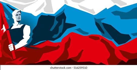 Russia flag with worker