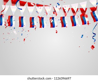 russia flags Celebration background template with confetti and red and blue ribbons.