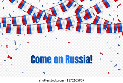 Russia flags garland on transparent background with confetti. Hang bunting for Russian independence Day celebration template banner, Vector illustration