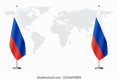 Russia and Russia flags for official meeting against background of world map.