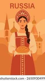Russia. Flat bright vector illustration of Russian woman in traditional dress with kokoshnik holding bread karavai in front of abstract Russian architecture. Warm symbol of heritage and hospitality