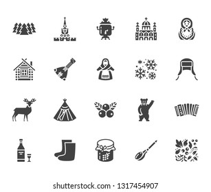 Russia flat glyph icons set. Russian doll, ornament, Moscow Kremlin, samovar, deer, bear, accordion, vodka vector illustrations. Signs for travel agency. Solid silhouette pixel perfect 64x64