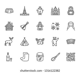 Russia flat line icons set. Russian doll, ornament, Moscow Kremlin, samovar, deer, bear, accordion, vodka vector illustrations. Thin signs for travel agency. Pixel perfect 64x64. Editable Strokes