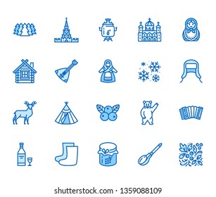 Russia flat line icons set. Russian doll, ornament, Moscow Kremlin, samovar, deer, bear, accordion, vodka vector illustrations. Thin signs for travel agency. Pixel perfect 64x64. Editable Strokes