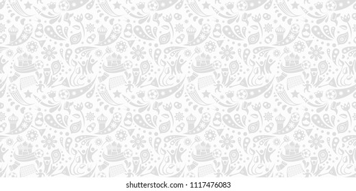 Russia and football cup gray seamless pattern. Football background with modern and traditional Russian elements. Vector illustration. Horizontal.