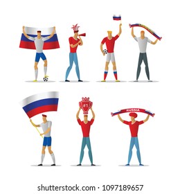 Russia football fans. Cheerful soccer supporters crowd. vector illustration.