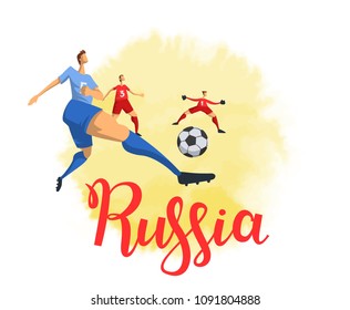 Russia and football. Football players on white background. Colorful poster with lettering. Flat vector illustration. Isolated