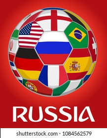 Russia football vector illustration. Russian flag surrounded by other national teams flags from around the world. 3D illustration.