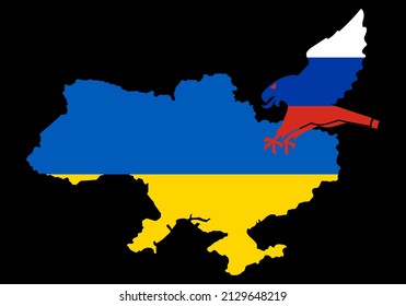 Russia in the form of an eagle attacked Ukraine country map. Conception for aggression, occupation and genocide by a neighboring state towards Ukraine. Pray For Ukraine peace. Save Ukraine from Russia