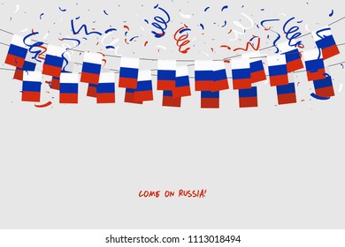 Russia garland flag with confetti on gray background, Hang bunting for Russia celebration template banner. vector