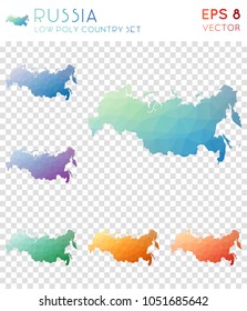 Russia geometric polygonal, mosaic style country maps collection. Awesome low poly style, modern design for infographics or presentation.