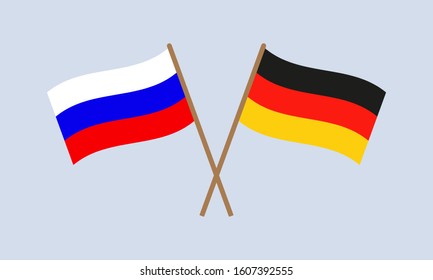 Russia and Germany crossed flags on stick. Russian and German national symbol. Vector illustration.