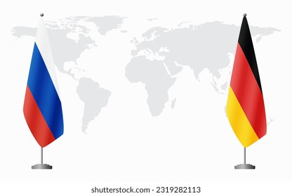 Russia and Germany flags for official meeting against background of world map.