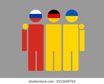 Russia, Germany, and Ukraine National Flags With Embracing Body. Vector Illustration. Isolated background.
