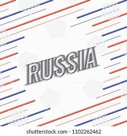 Russia Goal Net Style Logo Lettering in Ball Shape Blank Space Created by Repeating Lines - Blue Grey and Red on White Soccer Ball Texture Background - Vector Hand Drawn Graphic Design