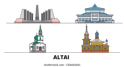 Russia, Gorno Altaysk flat landmarks vector illustration. Russia, Gorno Altaysk line city with famous travel sights, skyline, design. 