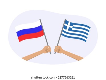 Russia and Greece flags. Greek and Russian national symbols. Hand holding waving flag. Vector illustration.