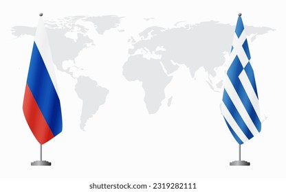 Russia and Greece flags for official meeting against background of world map.