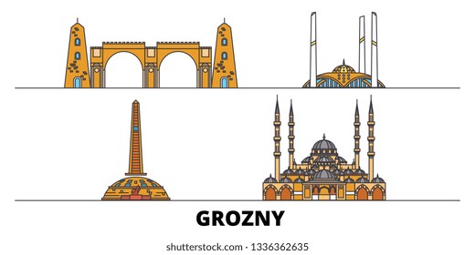 Russia, Grozny flat landmarks vector illustration. Russia, Grozny line city with famous travel sights, skyline, design. 