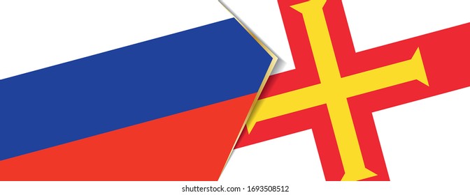 Russland und Guernsey Flaggen, zwei Vektorillustrationen Flaggen Symbol für Beziehung oder Konfrontation.