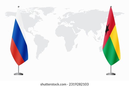 Russia and Guinea Bissau flags for official meeting against background of world map.