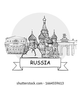 Russia Hand-Drawn Urban Vector Sign. Black Line Art Illustration with Ribbon and Title.