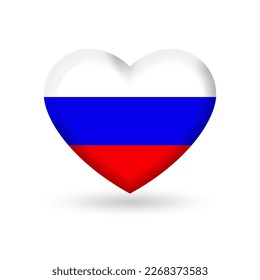 Icono, insignia o botón de la bandera del corazón de Rusia 3d. Símbolo nacional ruso. Ilustración vectorial.