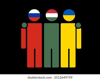 Russia, Hungary, and Ukraine National Flags With Embracing Body. Vector Illustration. Isolated background.