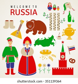 Russia icon set. Isolated flat icons on white background. Travel concept. Traditional clothes and cuisine, authentic architecture and nature. Cultural symbols. Colorful cartoon style. Vector.