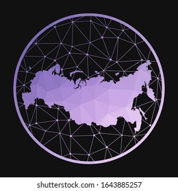 Russia icon. Vector polygonal map of the country. Russia icon in geometric style. The country map with purple low poly gradient on dark background.