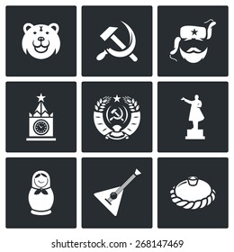 Russia icons: Bear, a symbol, a cross, a hammer, a farmer, Kremlin, Moscow, the capital, coat of arms, the USSR, Lenin monument, matryoshka, balalaika, loaf, Moscow. Vector Illustration.