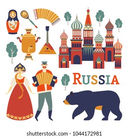 Russia icons set. Vector collection of Russian culture and nature images, including St. Basil's Cathedral, russian doll Matryoshka, balalaika, folk, Russian beauty in kokoshnik. Isolated on white.