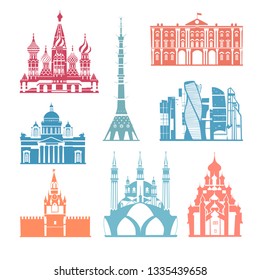 Russia icons vector set. Travel and tourism background. Russian architecture. Vector illustration Russia skyline vector. landmark Kremlin palace, TV tower and St. Isaac's Cathedral illustration